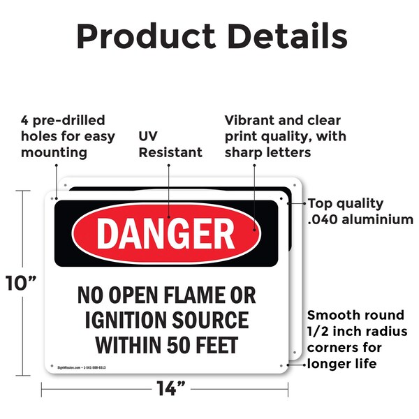 No Open Flame Or Ignition Source Within 50 Feet Danger Sign, Aluminum, 14in W X 10in L, 2PK